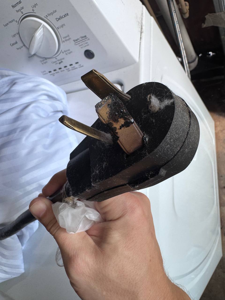 Dangerous Cord Modification: Amana Dryer Repair in Dania Beach — Before